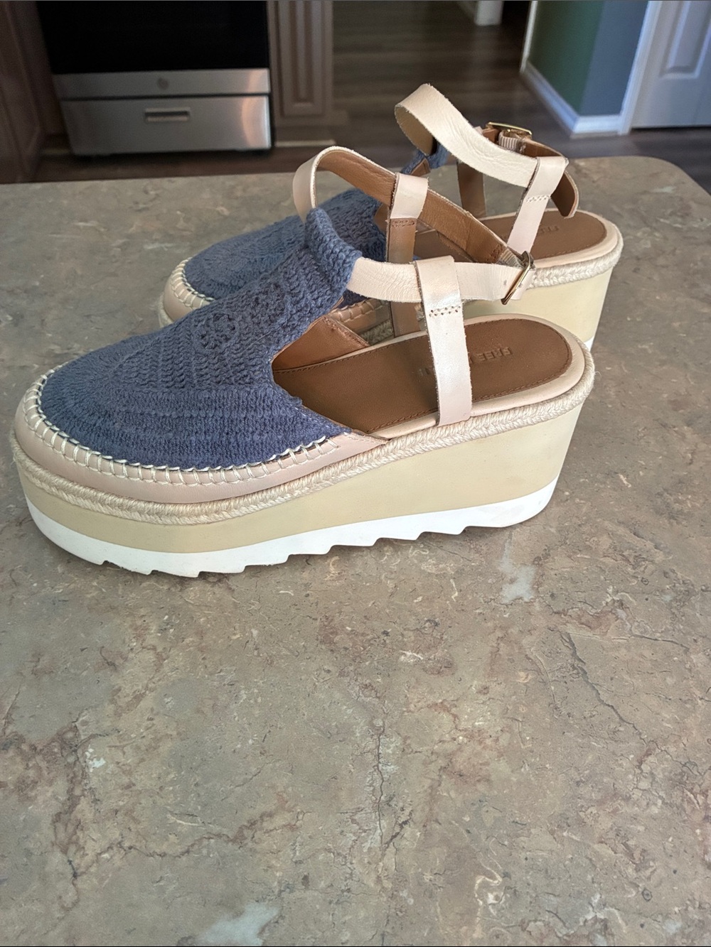 Free People Blue Knit and Cream Espadrille Wedge Sandals